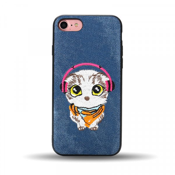 Wholesale iPhone 8 Plus / 7 Plus Design Cloth Stitch Hybrid Case (Blue Cat)
